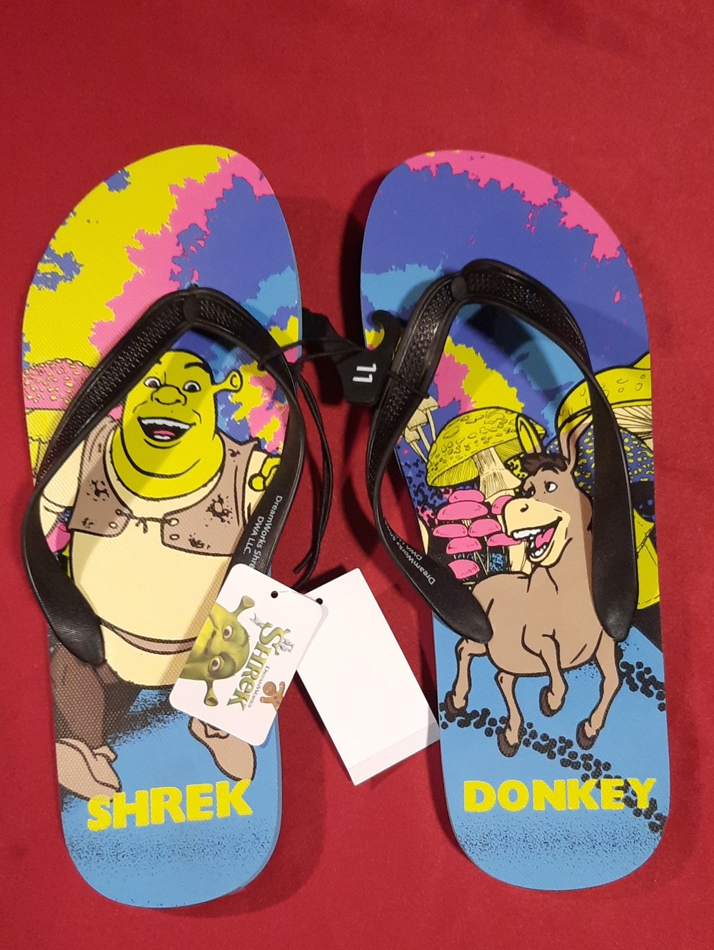 Bioworld Shrek & Donkey Mens Flip Flops - Blue/Pink/Yellow/Black